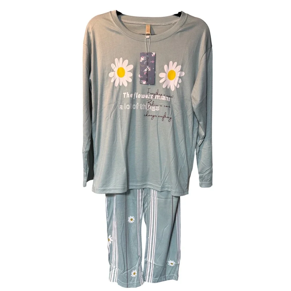 Women's Large Seafoam Green Daisy Floral Pajama Lounge Set NWT Cozy Sleepwear